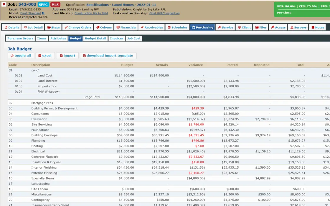 STICKS screen: one job in STICKS, showing its purchasing, change orders and service in one place